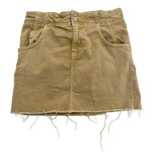 Free People Tan Khaki Denim Frayed Mini Skirt Buckle Boho Indie - Size 8